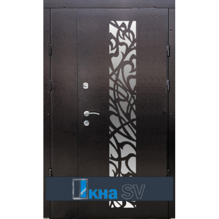 Вхідні двері ЕЛІТ двостулкові метал мідний антік №150 / МДФ горіх темний